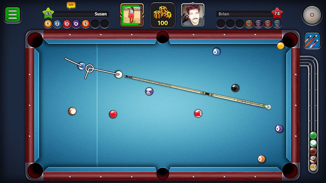 8 Ball Pool main lobby showing a billiards table and player profile options