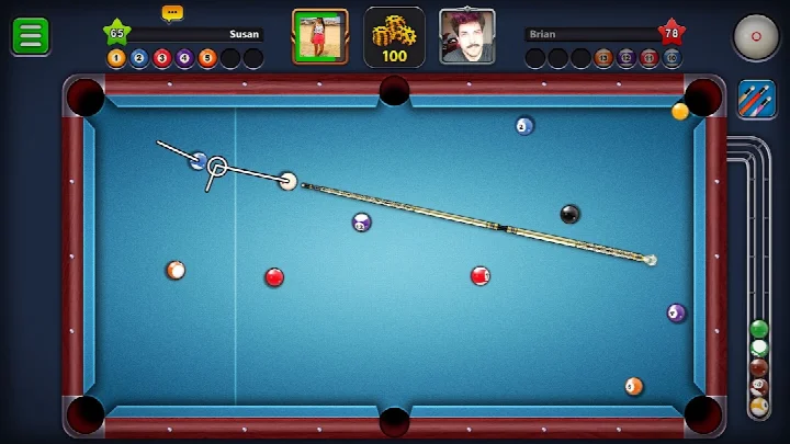 8 Ball Pool main lobby showing a billiards table and player profile options