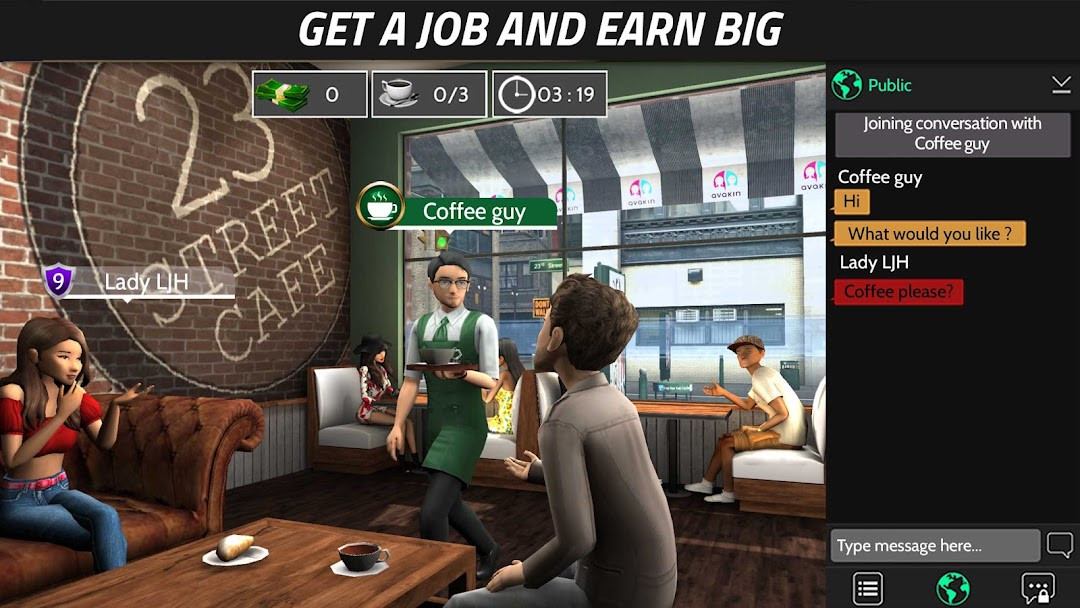 Avatar customization screen with hairstyles, makeup, and facial feature options
