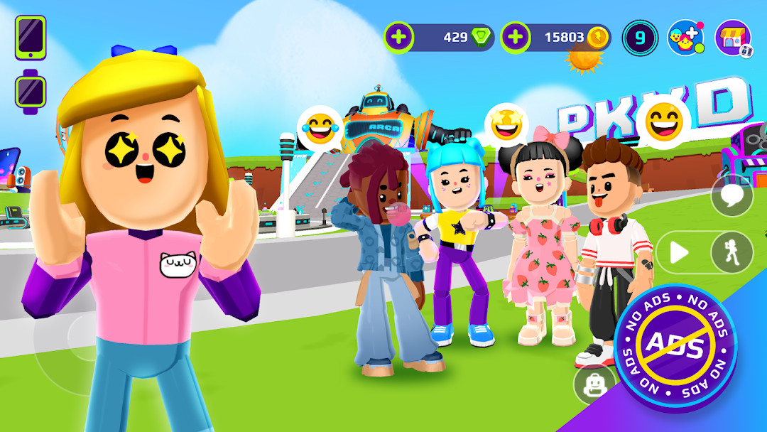Avatar customization screen with colorful hair, outfits, wings, and playful character options.