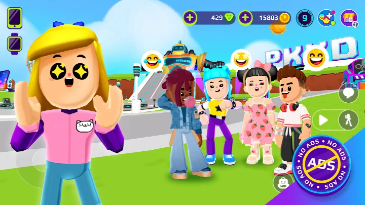 Avatar customization screen with colorful hair, outfits, wings, and playful character options.