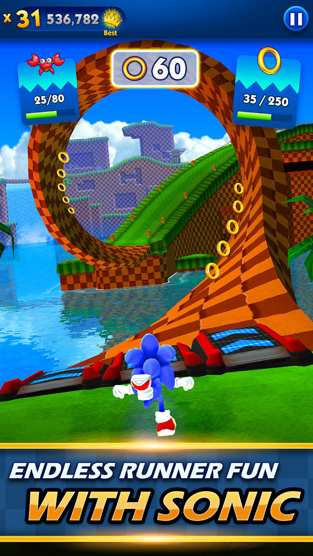 Sonic dashes through a vibrant Green Hill Zone loop-de-loop collecting rings.