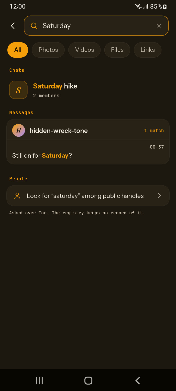 Kryfo search screen covering all chats in the encrypted database