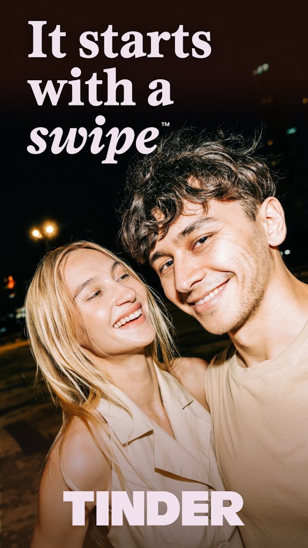 Tinder main profile card screen showing a user photo, name, age, and like or nope buttons.