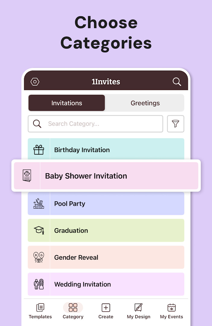 Wedding invitation preview with RSVP response buttons and event details
