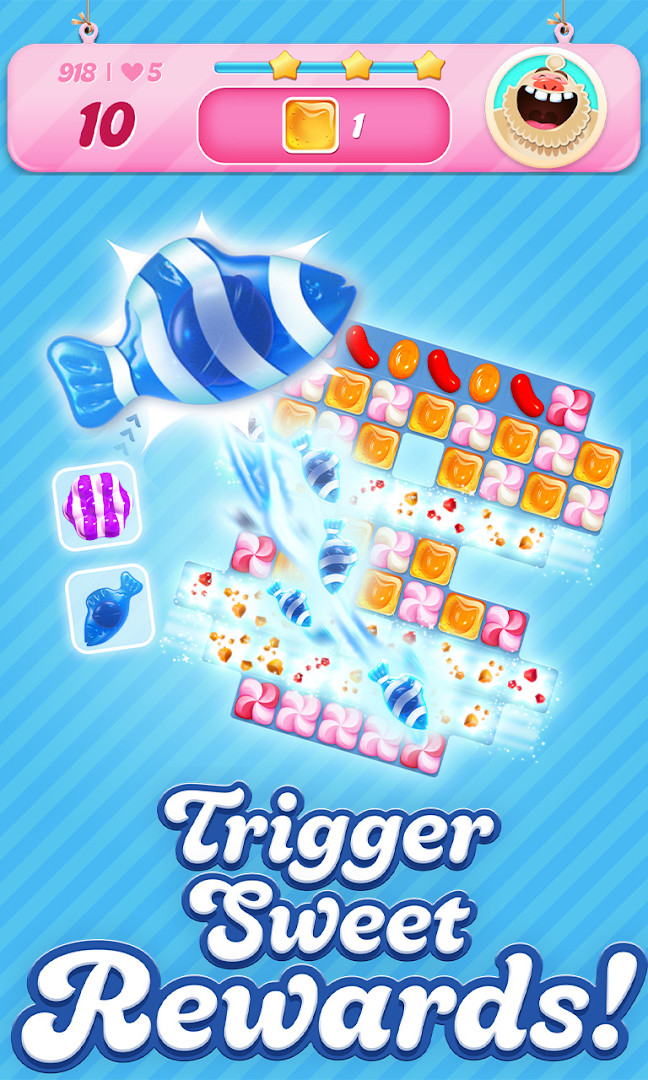 Candy Crush Saga level map: a winding path through candy-themed worlds with level numbers.