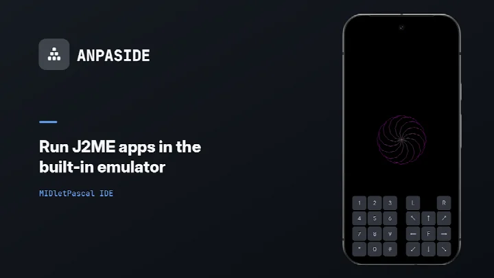 ANPASIDE built-in J2ME emulator running a MIDlet with on-screen keypad.