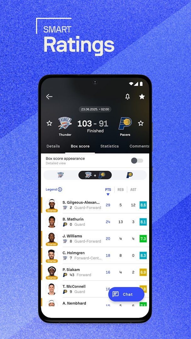 Basketball game screen with live score and quarter stats