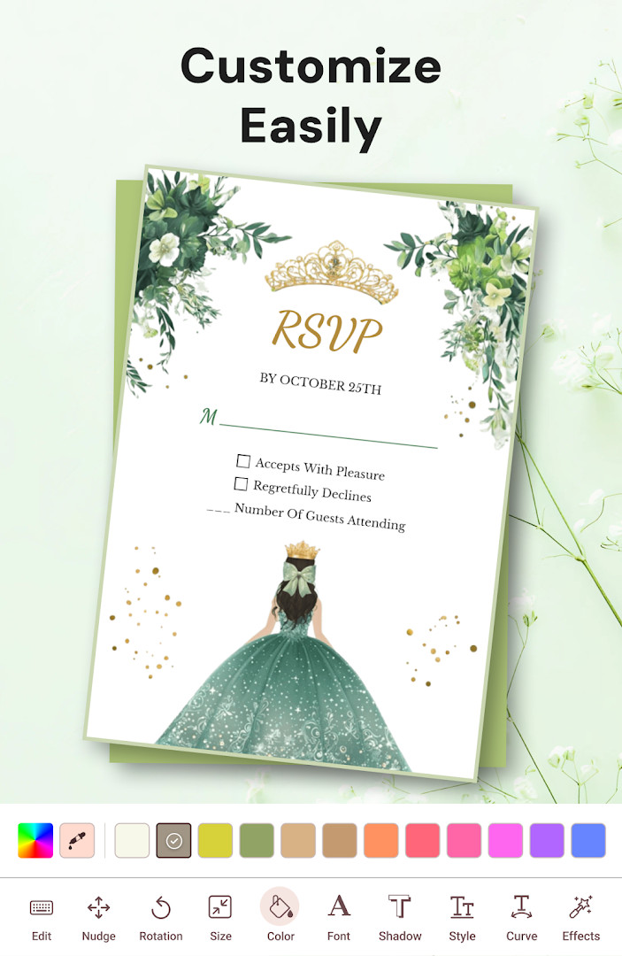 Template gallery with colorful birthday invitation designs and editable text fields