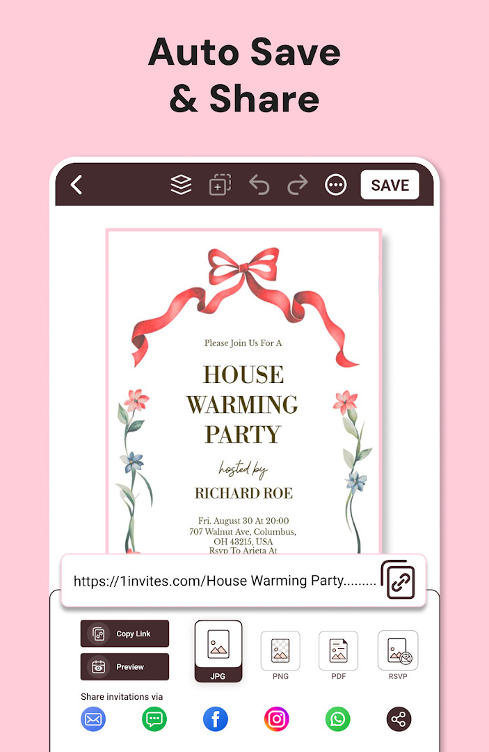 Event details editor with Google Maps location link and venue information