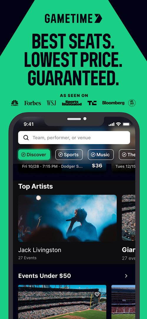 Browsing upcoming sports, concert and comedy events with ticket prices shown