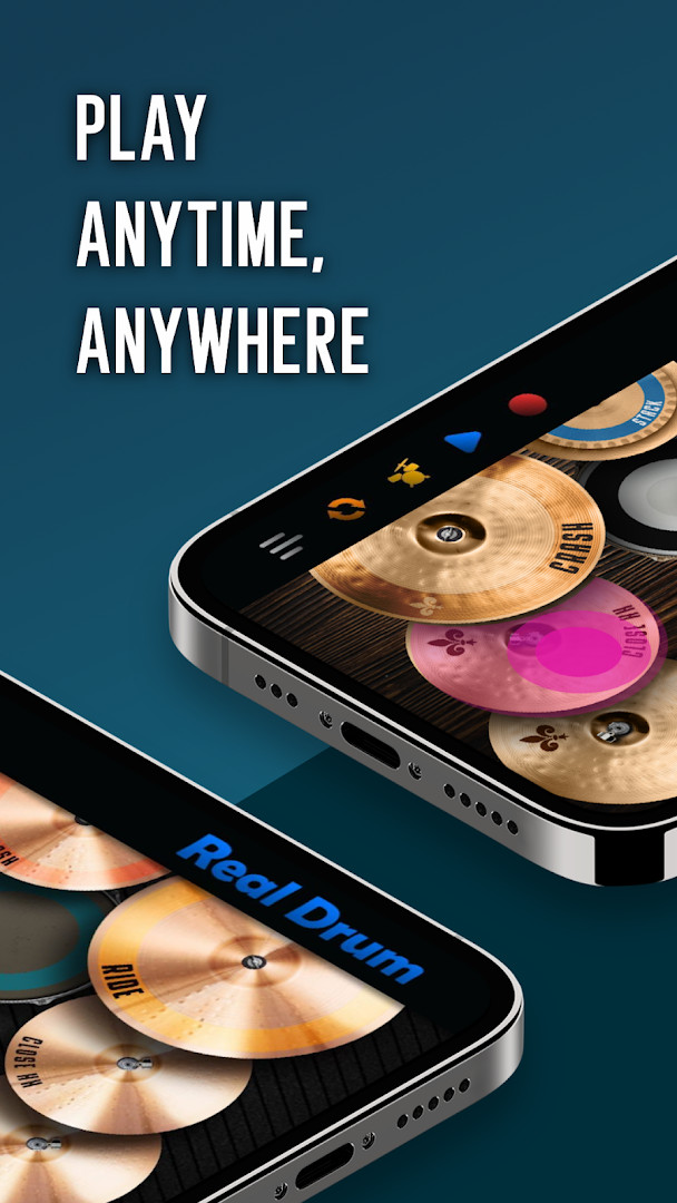 Real Drum drum kit view featuring realistic 3D drums and cymbals