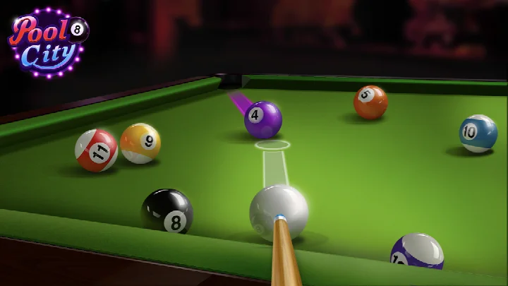 Pooking - Billiards City main menu showing game title and Start button.
