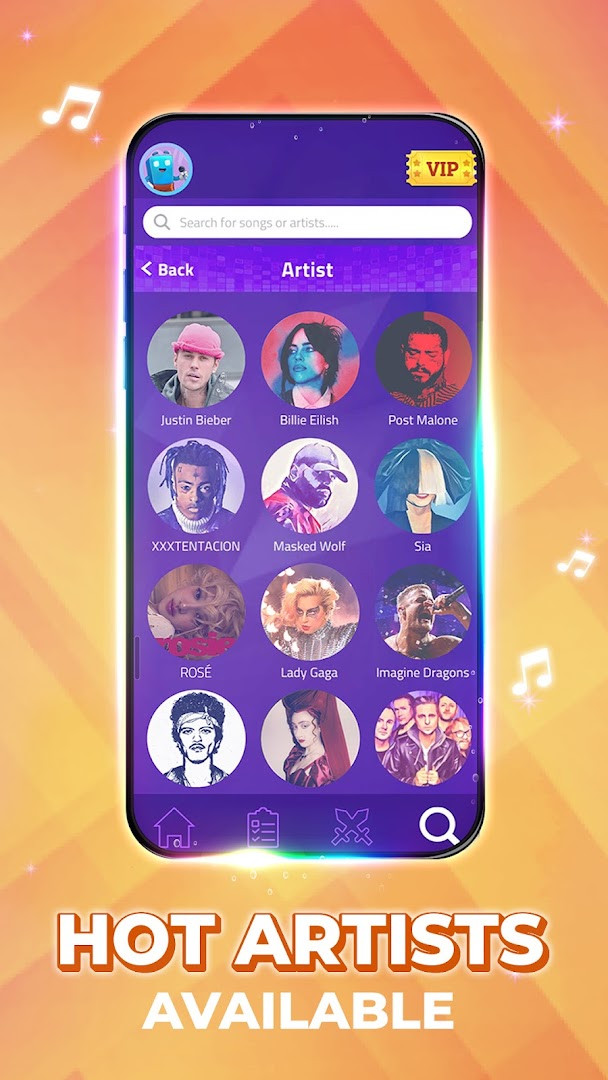 Song selection library displaying album art for Pop, EDM, and Hip-Hop tracks.