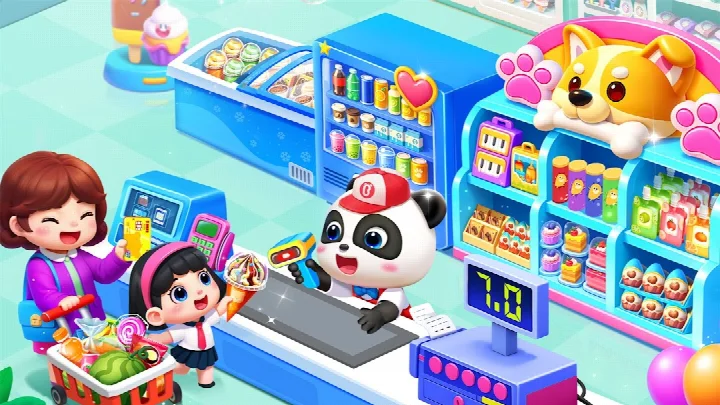 Baby Panda World-Learning Game animal care scene hosting a cat party and bathing a puppy
