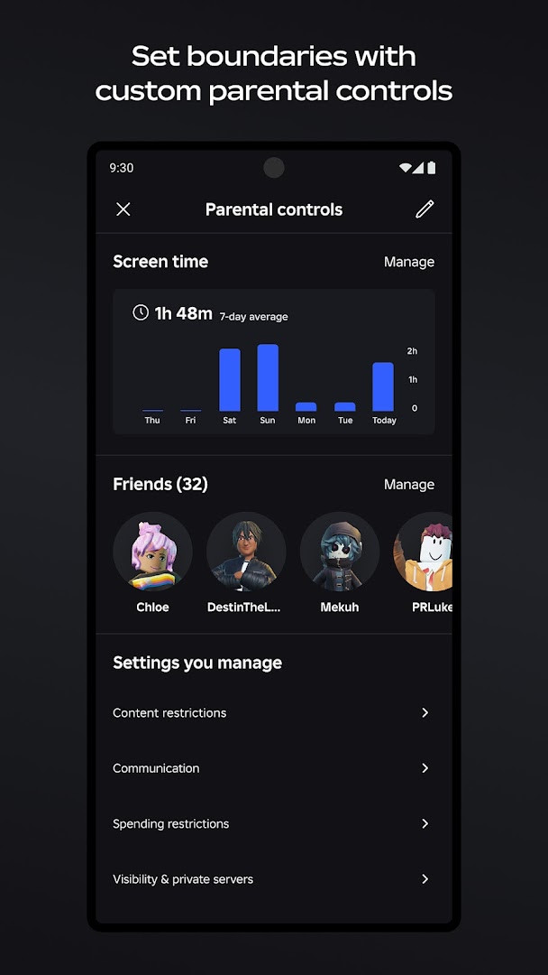 Roblox app settings menu with privacy and notification options.