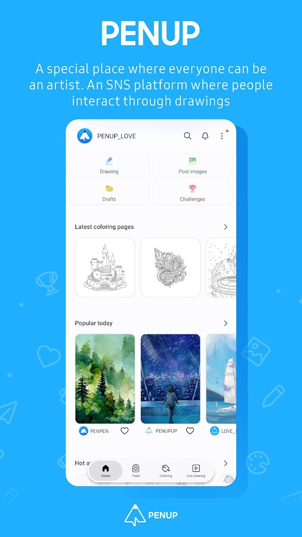 PENUP home feed displaying trending drawings from the community.