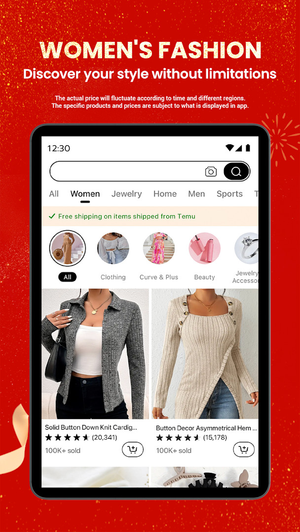 Temu search results page with filters for fashion and home products