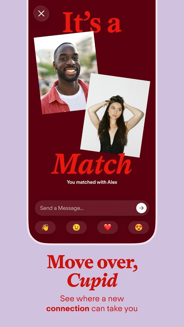 Tinder match screen displaying two profile photos with 'It's a Match!' overlay and chat prompt.