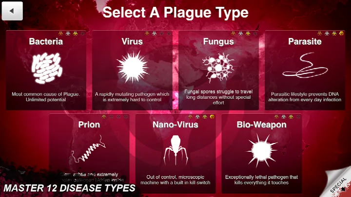 Plague Inc. screenshot of the disease selection screen with 12 different types.