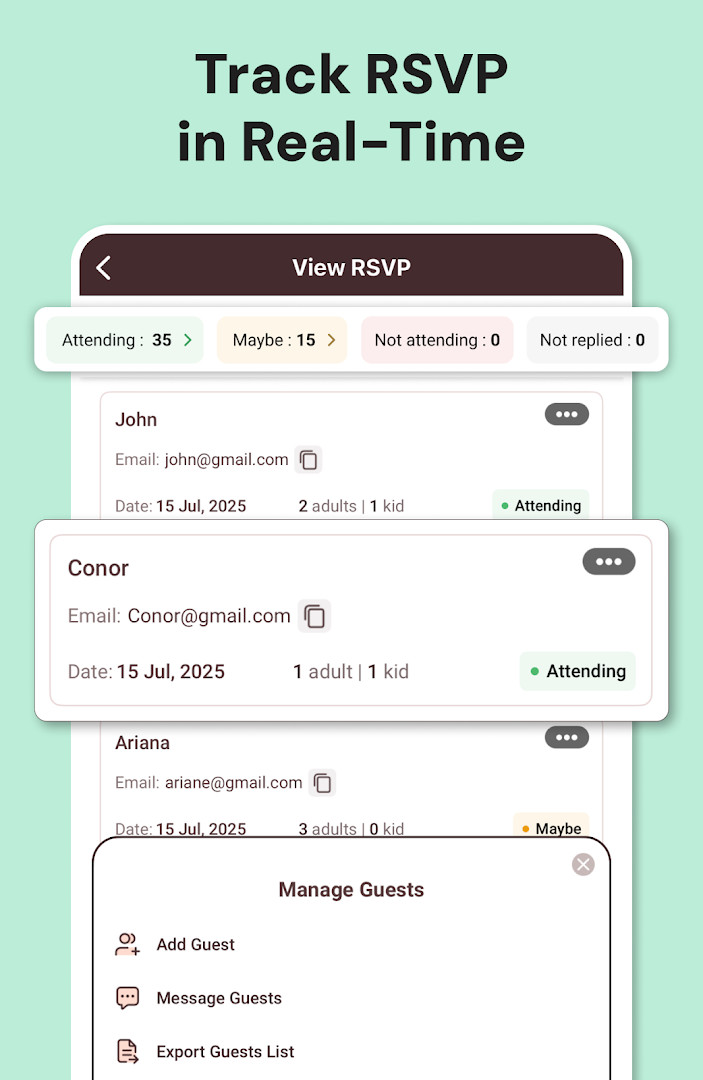 Guest list management view showing RSVP confirmations and pending responses