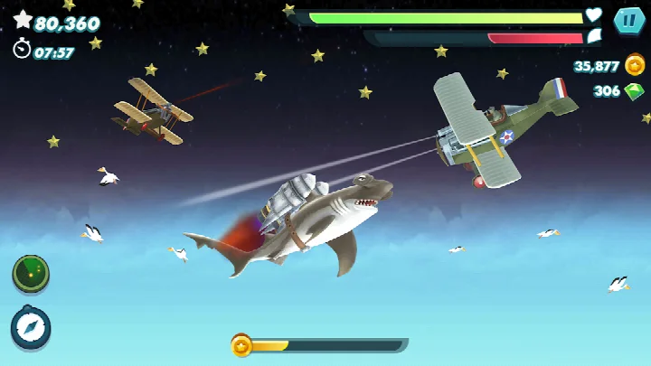 Shark evolving through different sizes with stat upgrade menus on screen