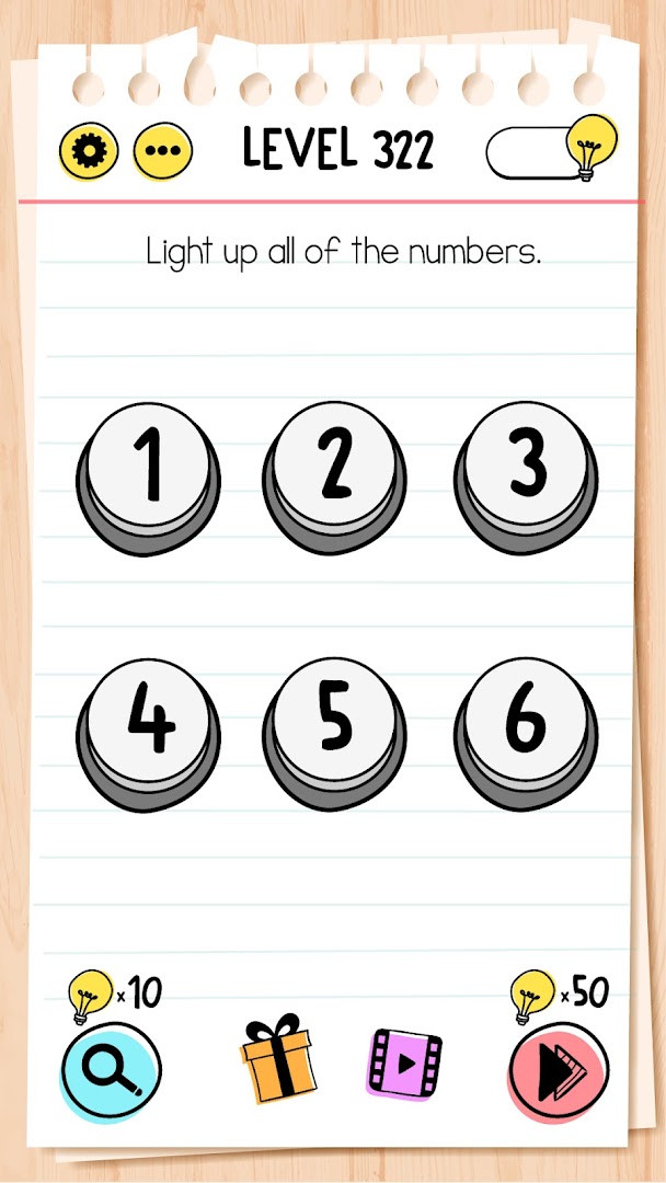 Brain Test: Tricky Puzzles settings menu with sound and language options