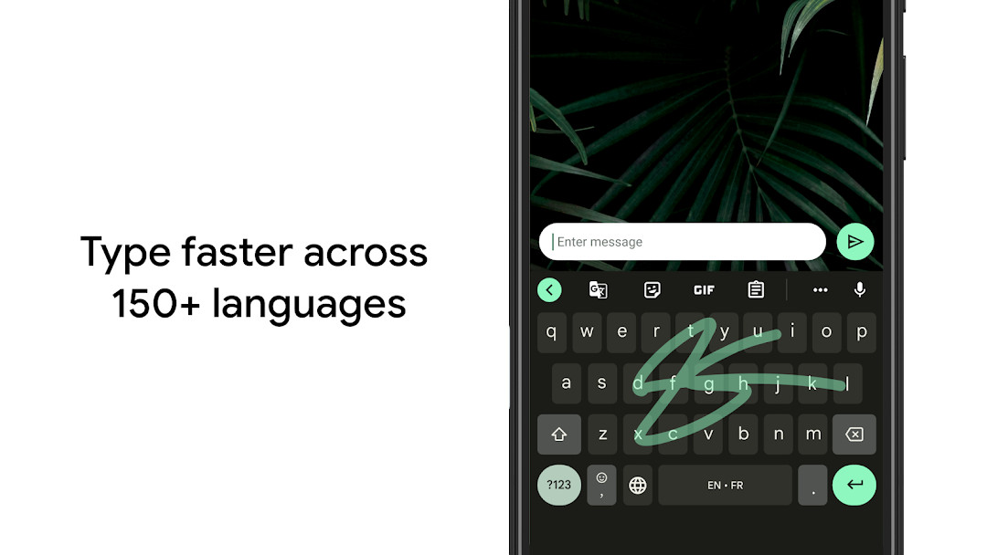 Gboard main keyboard layout with letter keys and number row visible.