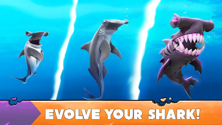 Shark wearing a jetpack and top hat swimming past sunken shipwrecks