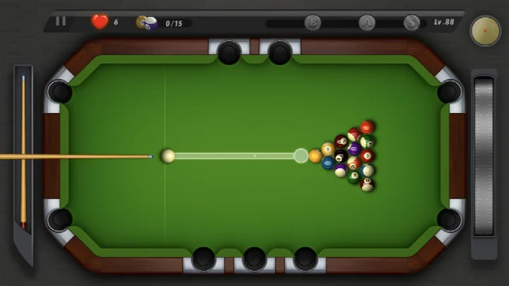 Pooking - Billiards City table view with realistic ball physics in action.