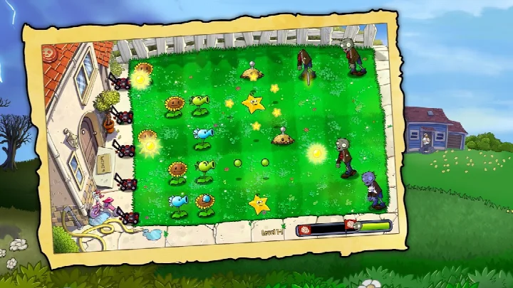 Screenshot of Plants vs. Zombies™ displaying a survival mode with a large wave of zombies.